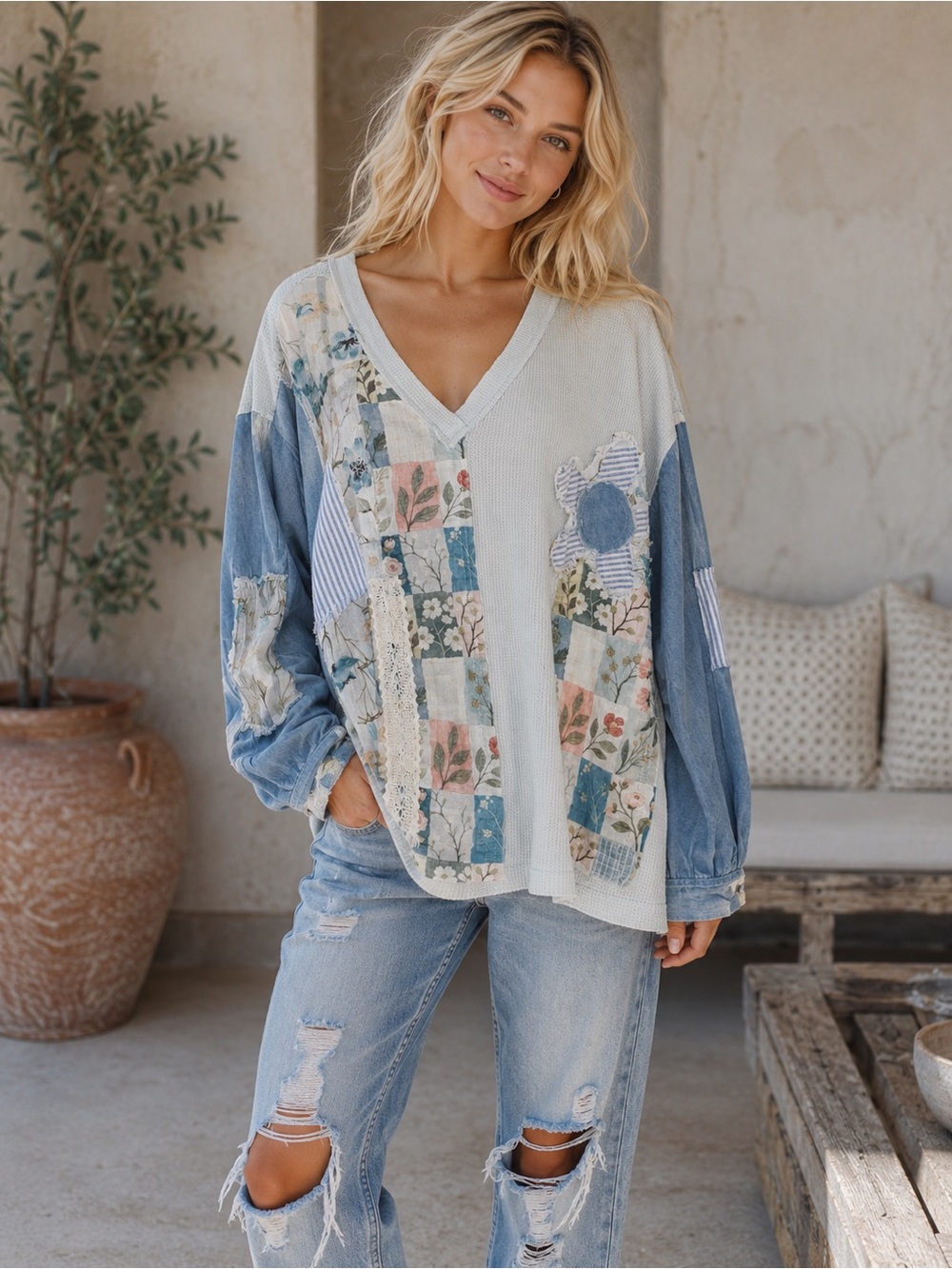 POL L Patchwork V-Neck Long Sleeve Top in Light Blue